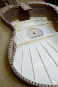 Inside a handmade classical guitar before back is fitted