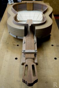 Inside a handmade classical guitar before back is fitted