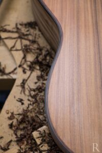 Detail view of back ebony binding on classical guitar
