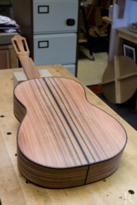 Ebony centre strip detail on Santos rosewood classical guitar