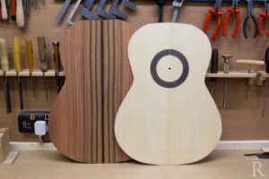 Finished classical guitar spruce soundboard and Santos rosewood back