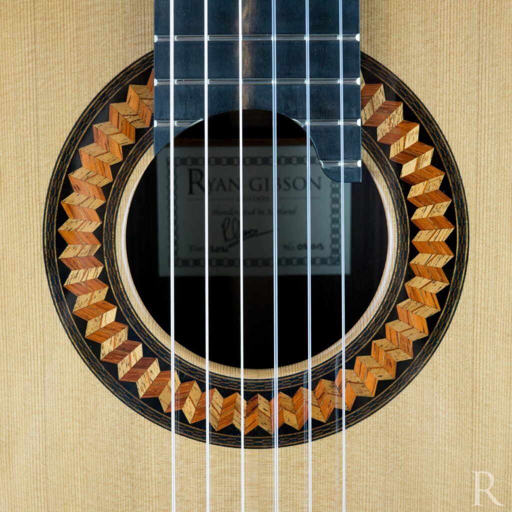 Rosette detail of cedar top handmade classical guitar